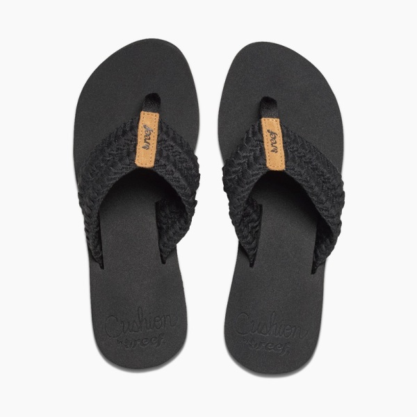 Black Women's Reef Cushion Threads Flip Flops | GWEOZS60WVS